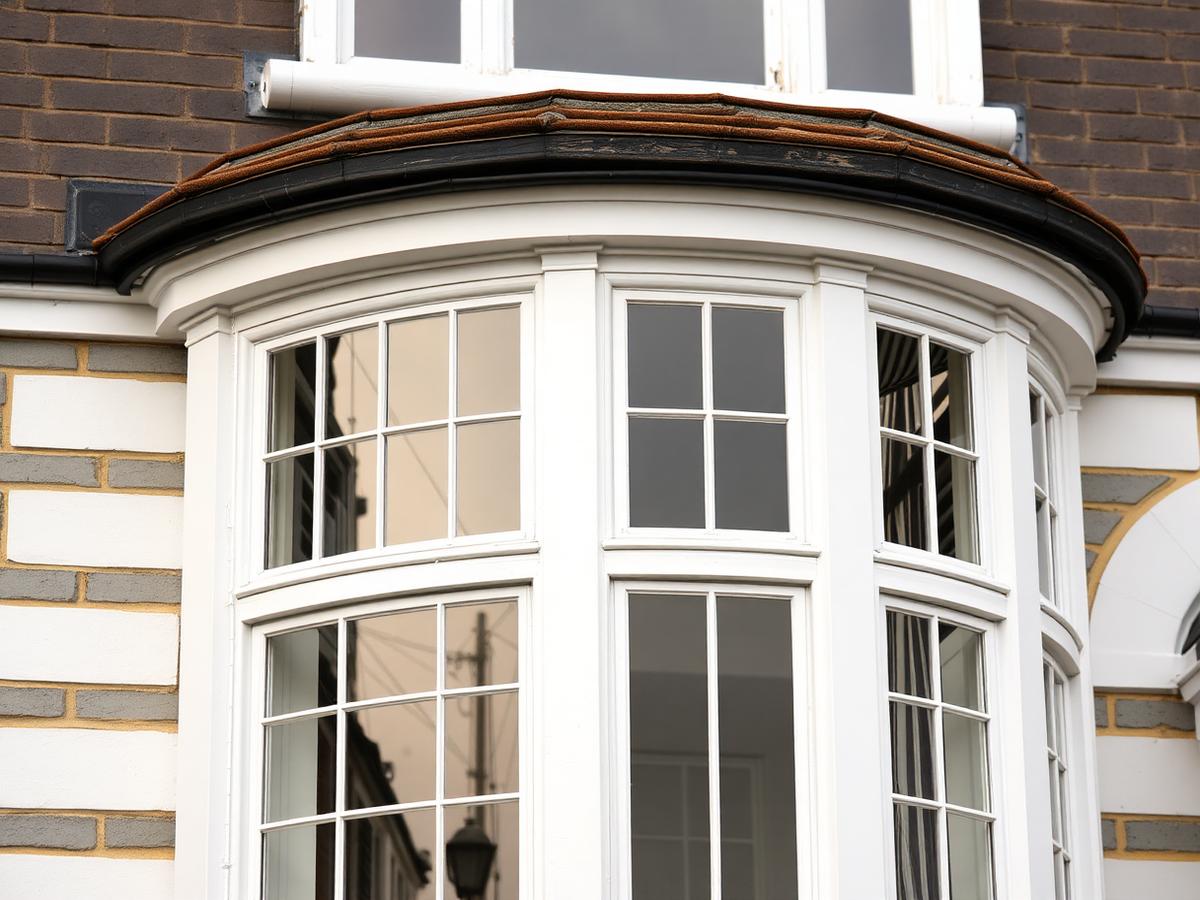 Curved white bow window on a British Edwardian bay-fronted house